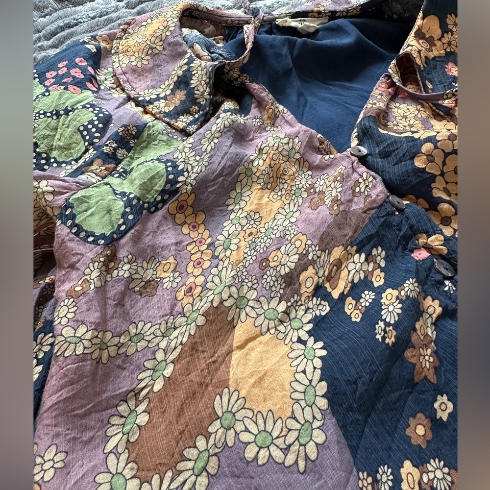 Entro boho Floral Daisy Blue Purple Popover Peasant Blouse Top - Picture 8 of 9